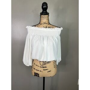 Wild Moss White Off The Shoulder Smocked Ruffle Crop Top Balloon Sleeve Medium